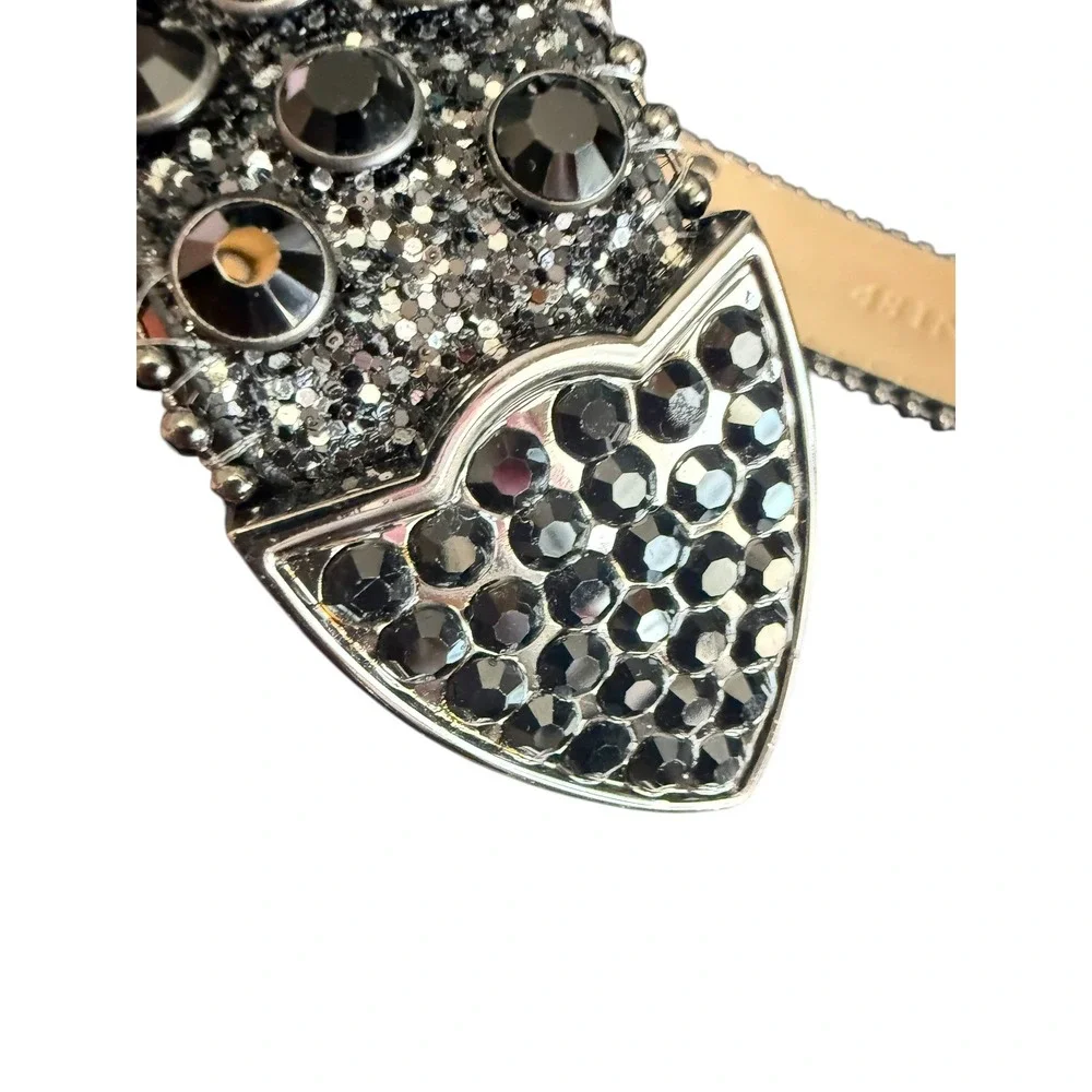 Western Rhinestone Glitter Belt Black Silver Studded Bling 48 Inch Large Buckle